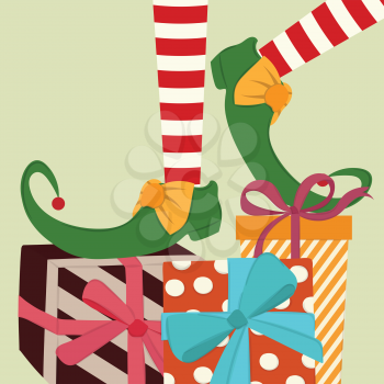 Christmas background with elf legs and presents. Flat design