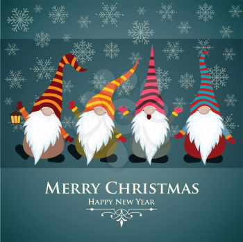 Christmas card with gnomes and snowflakes, Flat design. Vector