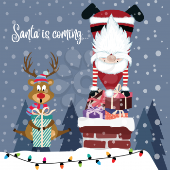 Funny Christmas card with Santa and reindeer. Flat design.