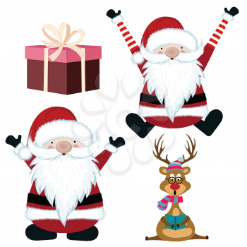 Christmas items collection, santa,  reindeer and gift box. Flat image. Vector