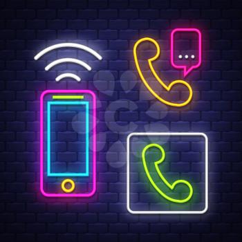 Phone communication neon signs collection. Phone communication signs. Neon signs. Vector