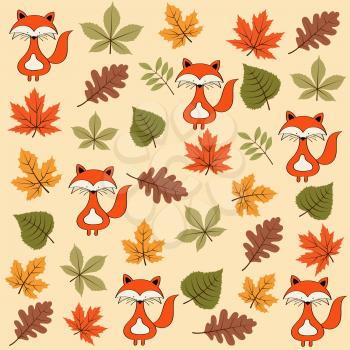 Doodle autumn seamless pattern with leaves and foxes