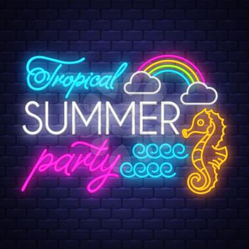 Tropical summer holiday banner. Neon banner. Vector.