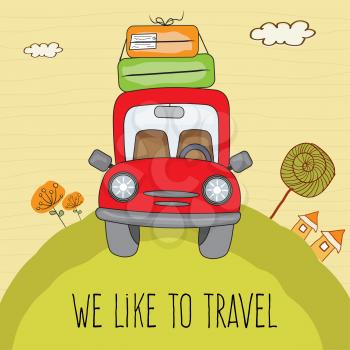 Red car with suitcases on the road. Summer holiday poster