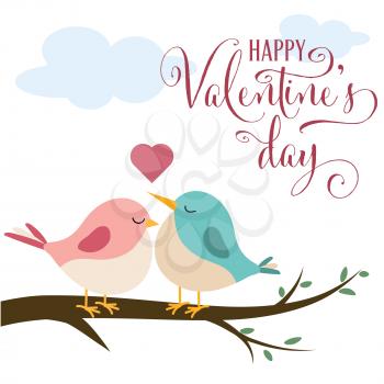 Valentine's day card with cute birds in love, flat design