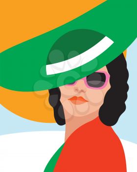 Fashion woman with hat . Art portrait.    Flat design. Vector