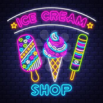 Ice cream Shop - Neon Sign Vector. Ice cream Shop - neon sign on brick wall background, design element, light banner, announcement neon signboard, night advensing. Vector Illustration.