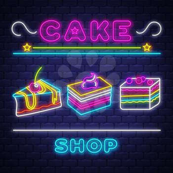 Cake Shop - Neon Sign Vector. Cake Shop - neon sign on brick wall background, design element, light banner, announcement neon signboard, night advensing. Vector Illustration.