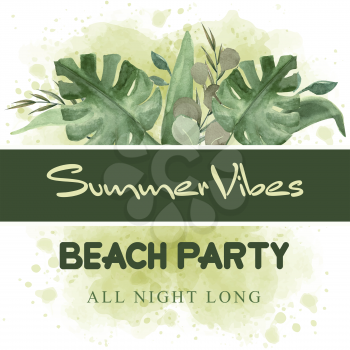 watercolor summer banner with tropical leaves. Beach party banner