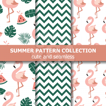 Summer pattern collection. Flamingo and watermelon theme, Summer banner. Vector