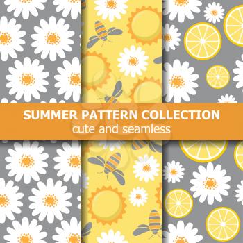 Beautiful pattern collection with daisies, lemons, bees and sun. Summer banner collection. Vector