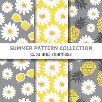 Cute summer pattern collection with daisies, sunglasses and pineapples. Summer banner. Vector