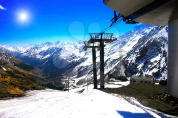 Wonderful view of the cableway in the mountains. Elbrus 