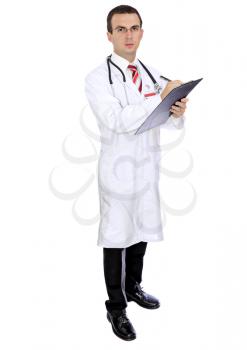  Portrait of medical doctor. Write on paper pad. Isolated over white