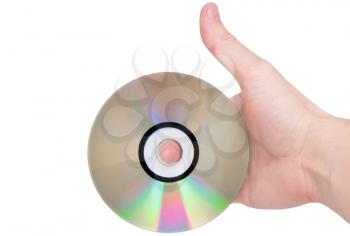 Single DVD(CD) disc hold in hand. Isolated over white