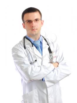 Portrait of friendly medical doctor with cross a hands. Isolated