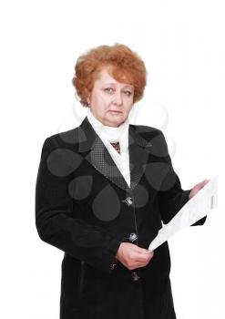 Senior lady standing with apartament rent bill. Isolated over white.