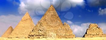 Great Pyramids, located in Giza, the pyramid of Pharaoh Khufu, Khafre and Menkaure. Egypt. Panorama