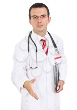 Portrait of medical doctor ready for handshake. Isolated.