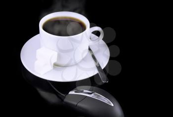 Cup of coffee, ,mouse on a black background.