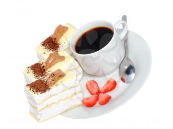 Sponge cakes, frozen strawberry with cup of coffee on plate with fruit-juice decoration . Isolated