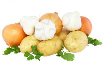 Still-life-garlic,onions decorating of parsley. Close-Up. Isolated