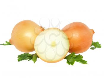 Onion decorating of parsley . Isolated over white