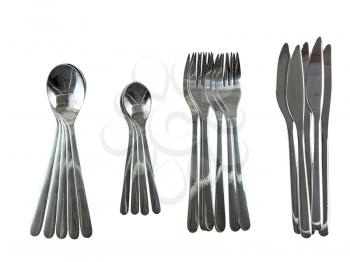 Table serving-knife,plate,fork and   on  white background. Isolated
