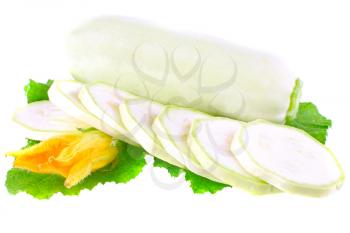 White vegetable  marrow with green foliage and yellow blossom on white background. Isolated over white