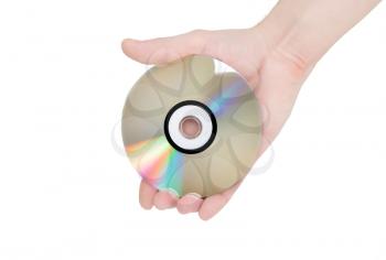 Single DVD(CD) disc hold in hand. Isolated over white