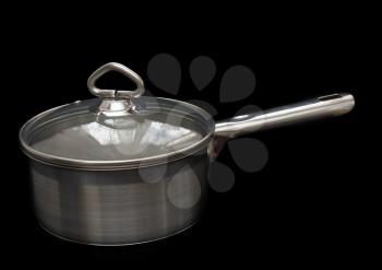 Saucepan, made of stainless steel with  handle,cover, on black background.