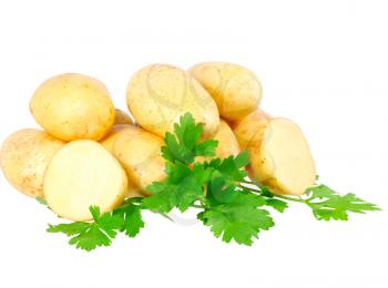 Young potatoes, decorating of parsley . Isolated over white