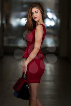 Beautiful Model Wearing A Red Dress And Leather Bag