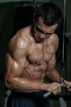 Young Man Exercise In The Gym - He Is Performing Two Arm Triceps Push Downs