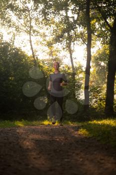 Young Woman Running In Wooded Forest Area - Training And Exercising For Trail Run Marathon Endurance - Fitness Healthy Lifestyle Concept