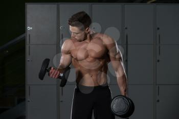 Bodybuilder Working Out Biceps - Dumbbell Concentration Curls