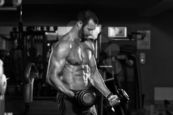 Bodybuilder Working Out Biceps - Dumbbell Concentration Curls