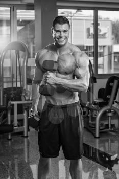 Young Physically Bodybuilder Working Out Biceps - Dumbbell Concentration Curls