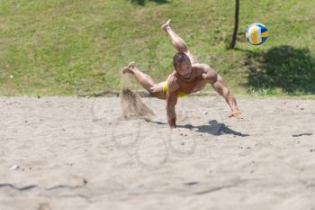 Muscular Young Man Playing Beach Volleyball Diving After The Ball