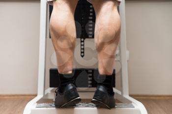 Bodybuilder Doing Heavy Weight Exercise For Legs Calves