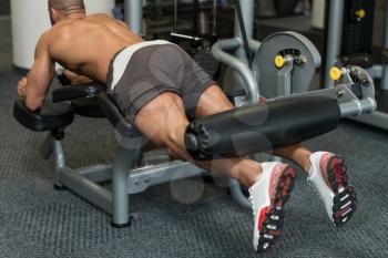 Attractive Young Man Doing Lying Leg Curls On Machine In Gym