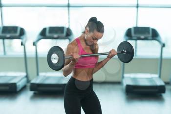 Young Fitness Woman Working Out Biceps In Fitness Center
