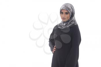 Fashion Portrait Of Young Beautiful Muslim Woman With Scarf Isolated On White Background