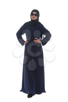 Fashion Portrait Of Young Beautiful Muslim Woman With Black Scarf And Sunglasses Isolated On White Background