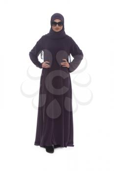 Fashion Portrait Of Young Beautiful Muslim Woman With Black Scarf And Sunglasses Isolated On White Background