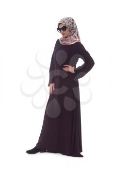 Young Muslim Woman In Head Scarf With Modern Clothes And Sunglasses - Isolated On White