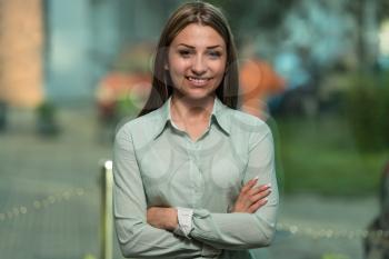 Portrait Of Handsome Beautiful Young Businesswoman Standing Arms Crossed - Successful Business Woman At Work