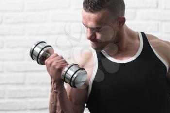 Bodybuilder Working Out Biceps With Dumbbells On White Bricks Background With Copyspace - Dumbbell Concentration Curls