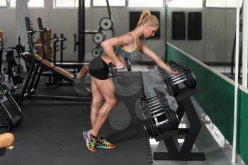 Young Woman Exercising Back With Dumbbells In The Gym And Flexing Muscles - Muscular Athletic Bodybuilder Fitness Model