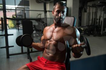 Young Man Working Out Biceps In A Dark Gym - Dumbbell Concentration Curls